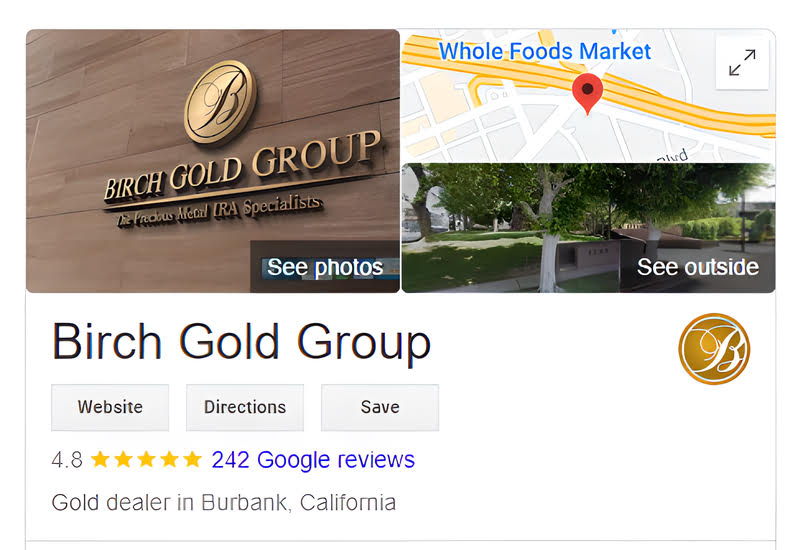 A Google search for Birch Gold Group, a precious metals investment company