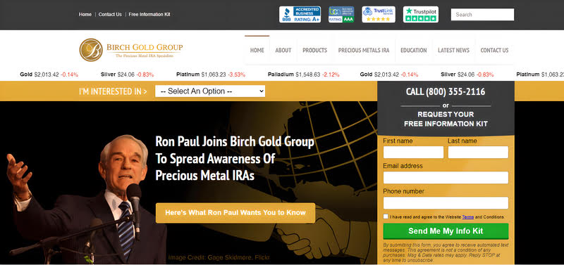 Screenshot of Birch Gold Group website
