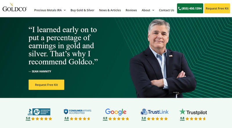 Sean Hannity on Goldco's website endorsing Goldco.