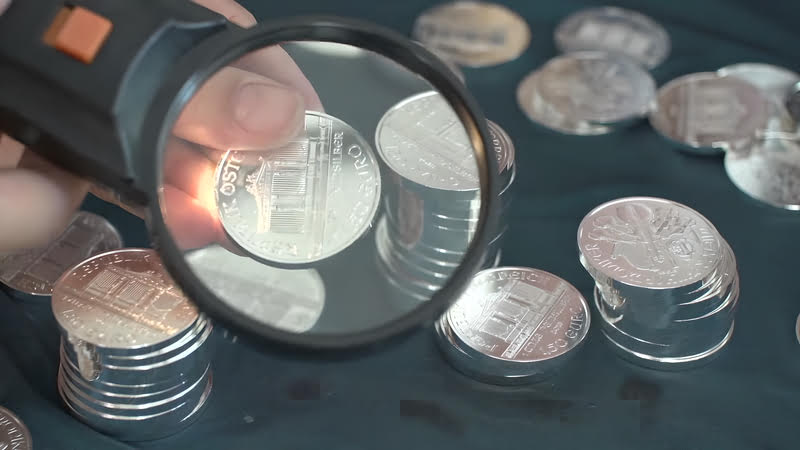 A person examining coins with a magnifying glass for investment purposes