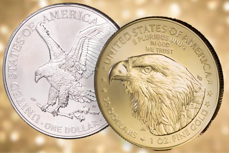 A gold and silver dollar coin with an eagle on them, representing the use of precious metals in a self-directed IRA