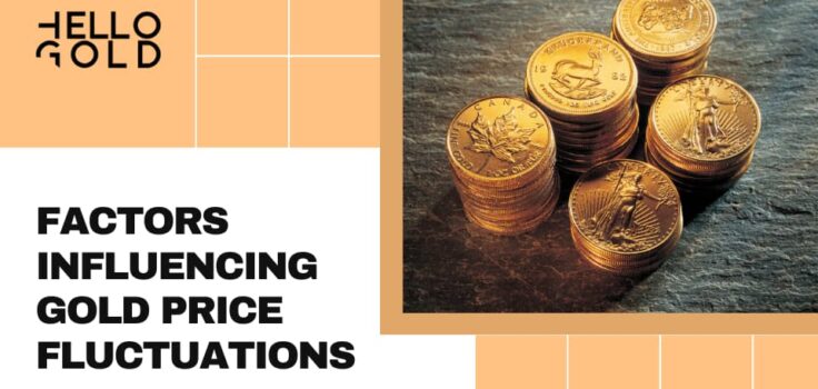 Stacks of various gold coins on a dark surface with text 'FACTORS INFLUENCING GOLD PRICE FLUCTUATIONS' beside the Hello Gold logo.