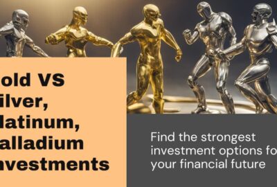 Gold Vs Silver Platinum Palladium Investments with precious metal robots fighting in the background.